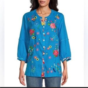 John Mark Blue Linen Embroidered Floral Feather Print Button Front Tunic XL
